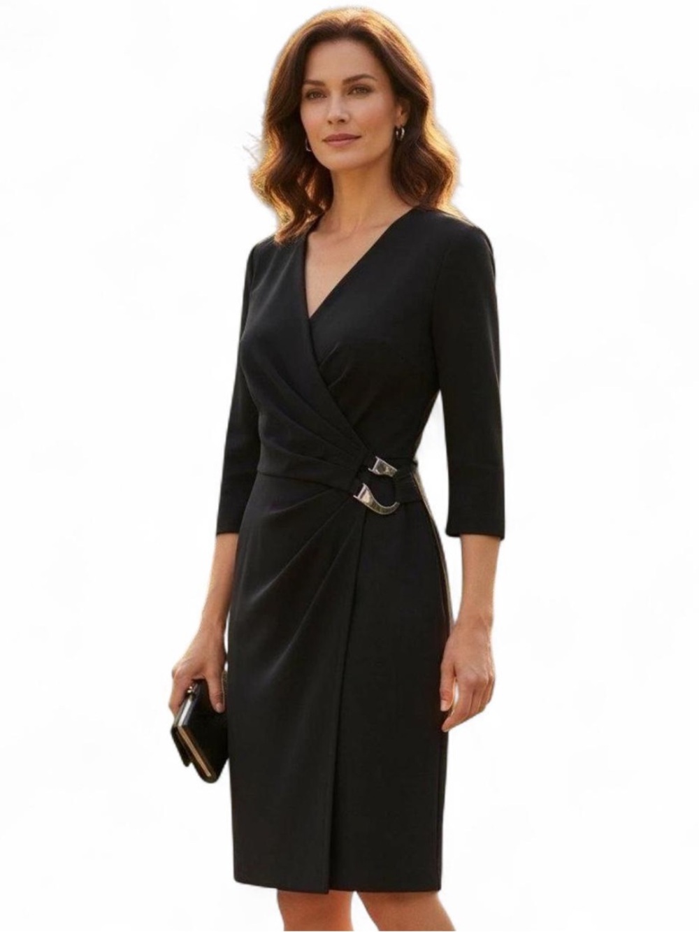 Lafayette 148 New York Black Buckle Waist Faux Wrap Sheath Dress. Size 10 NWT - Picture 8 of 8